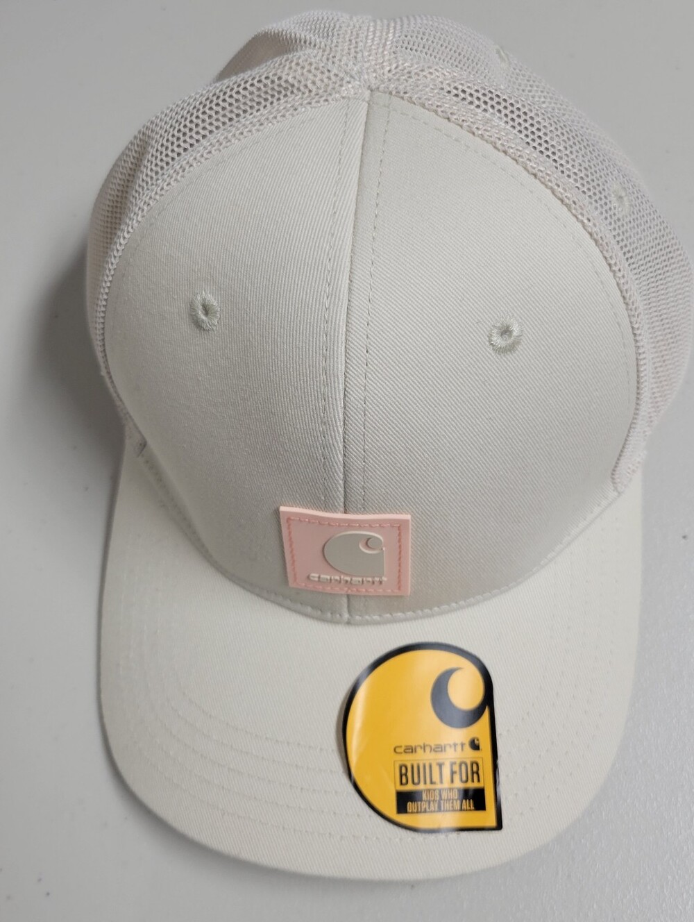Carhartt NEW Kids Trucker Hat Beige Canvas Mesh Pink Logo Patch Baseball Cap.